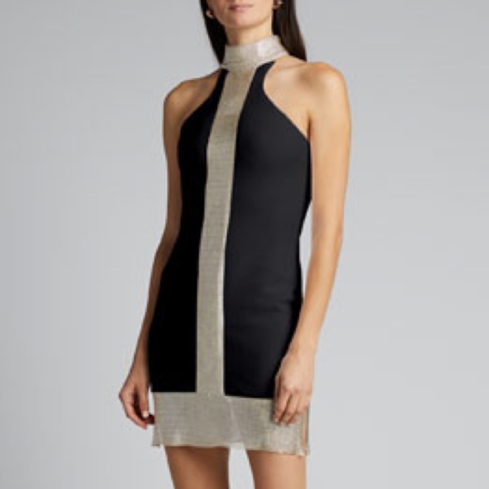CDGNY Mock-Neck Mini Cocktail Dress w/ Chainmail Center